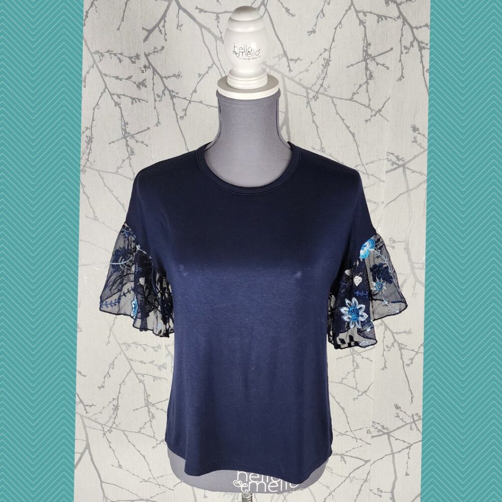 Pebble & Stone Navy Mesh Embroidered Flutter Sleeve Tee